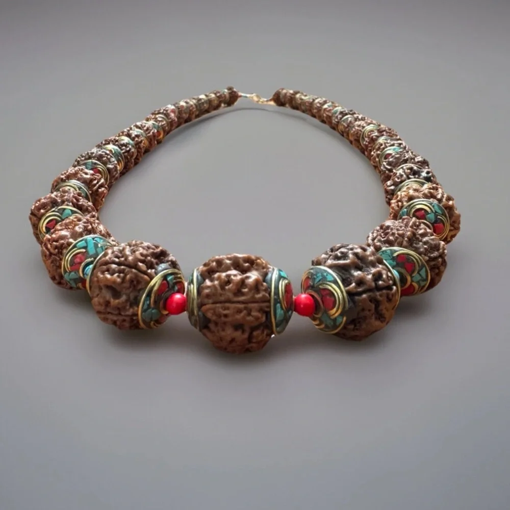 Vintage Rudraksha Yoga Necklace Capped With Bronze Inlay Turquoise & Coral 35”in - Picture 4 of 10